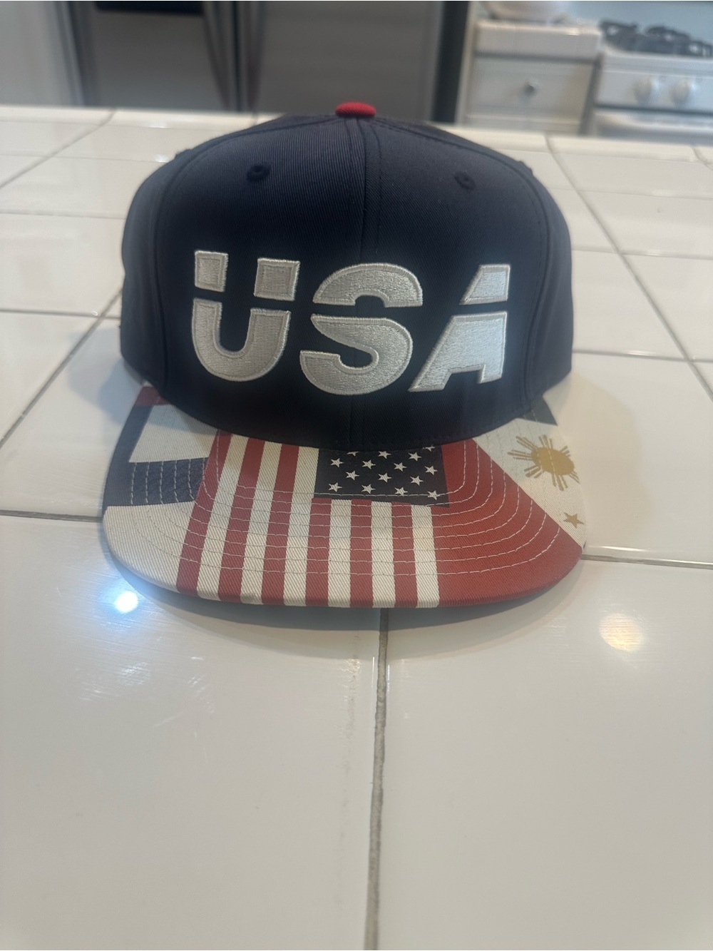 USA Embroidered Snapback Hat - Navy with Flag Visor